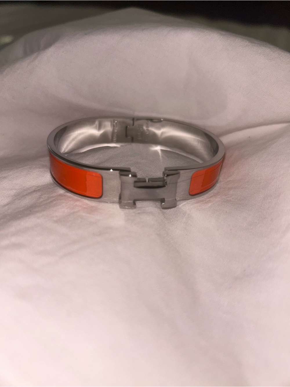 Hermes Silver-Tone CLIC H Bracelet with Bright Orange Enamel